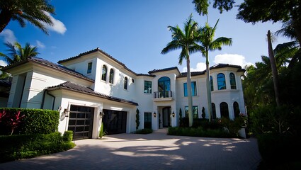 Fototapeta premium Luxurious mediterranean style mansion with palm trees and blue sky