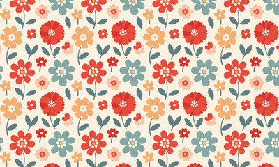 Seamless Floral Pattern with Stylized Flowers and Leaves in a Vibrant Palette