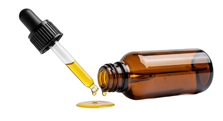 Amber glass dropper bottle with pipette spilling liquid oil onto surface isolated on white background for beauty and health concept
