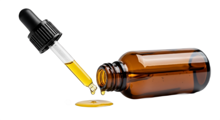 Amber glass dropper bottle with pipette spilling liquid oil onto surface isolated on white background for beauty and health concept