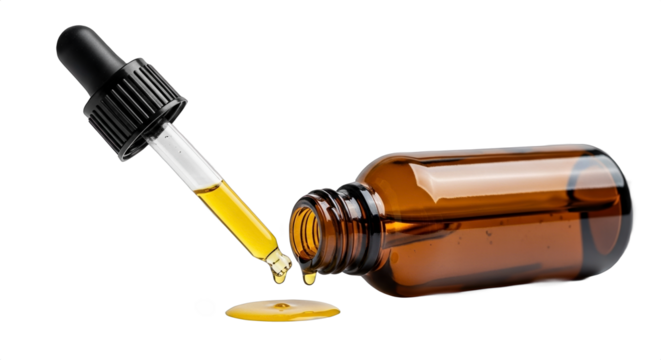 Amber glass dropper bottle with pipette spilling liquid oil onto surface isolated on white background for beauty and health concept