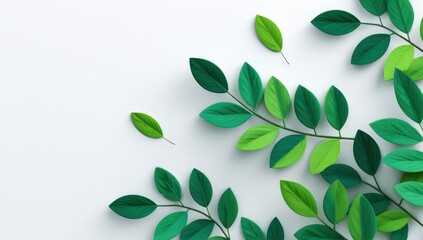 Fresh green leaves arranged on a white background