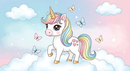 Fototapeta premium Pastel Rainbow Unicorn on Clouds with Butterflies