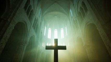 Dramatic Cross and Light Rays in Gothic Cathedral Interior