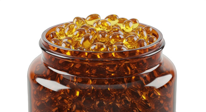 Transparent jar filled with golden capsules resting on a reflective surface, showcasing the richness and color of the contents inside the glass container.