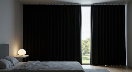 Elegant bedroom sanctuary featuring luxurious black blackout curtains inviting peaceful sleep with gentle ambient light from a modern side table lamp