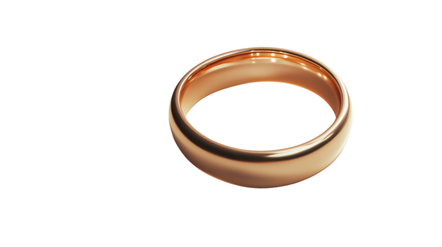 A shiny gold wedding ring with a smooth polished finish on a plain white background or transparent png 