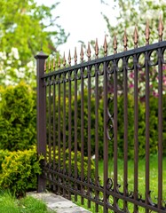 Ornamental metal fence in a garden setting