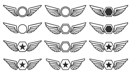 Twelve Vintage Winged Emblems:  Circular, Hexagonal, Star Centerpieces;  Monochromatic Line Art; Classic Design Elements.