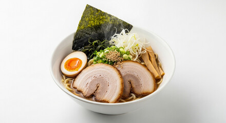 A steaming bowl of traditional Japanese ramen with chashu pork, a soft-boiled egg, and nori seaweed.