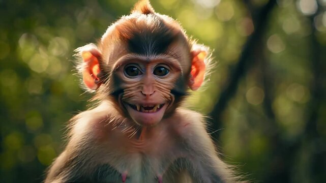 Close-up portrait of a young monkey smiling with sharp teeth in a natural forest environment