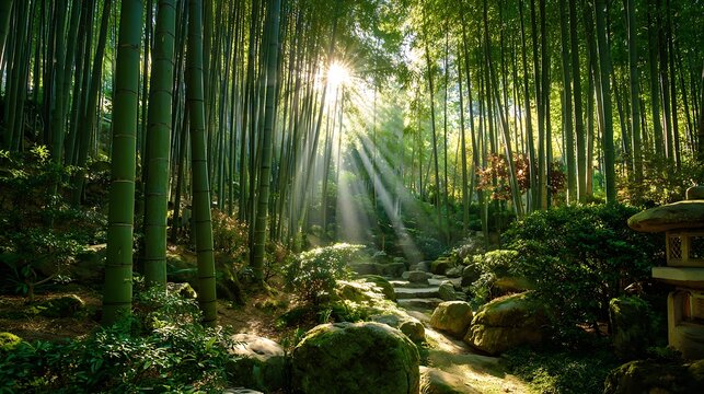 Sunlight streaming through peaceful bamboo forest illustration images