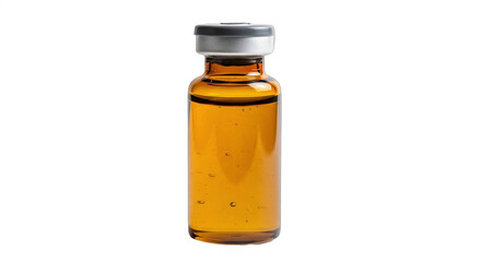 Amber Glass Bottle Containing Transparent Liquid with Air Bubbles, Isolated on White Background for Medical and Laboratory Use