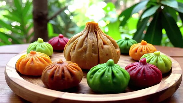 Close-up of modaks and sweets prepared for Ganesha, natural colors