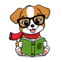 Adorable Puppy Reading a Green Book in Glasses Cartoon Dog Clipart PNG
