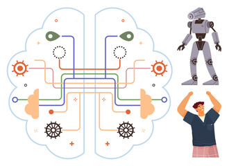Brain with interconnected pathways, gears, neural elements alongside robot and person raising arms. Ideal for AI, robotics, human-machine interaction, neural networks, data science, innovation