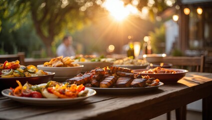 Vibrant Outdoor Feast with Grilled Ribs and Fresh Vegetables