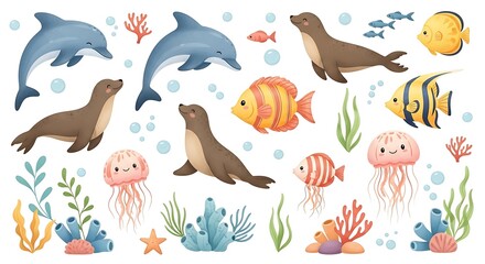Playful Cartoon Ocean Scene with Dolphins, Seals, Jellyfish, and Colorful Fish on White Background