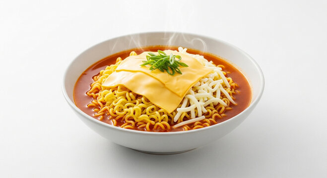 A steaming hot bowl of spicy Korean ramyeon noodles topped with melted American and shredded cheese and green onions.