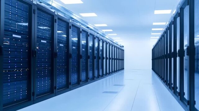 Data Center Servers: Rows of Network Equipment in a Modern Facility