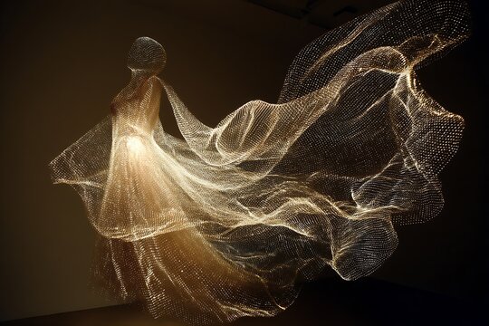 Goddess-like figure crafted from radiant silk threads, moving gently in cosmic breeze, the soul materialized as textile light, glowing conceptual abstract 