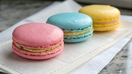 colorful macaroons on wooden table