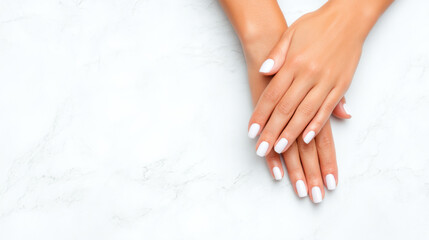 A close-up view of elegantly manicured hands with white nail polish resting on a marble surface.