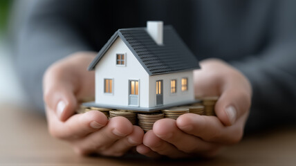 Smart Money Management and Savings Planning Concept with Hands Holding Miniature House on Golden Coins, Surrounded by Holographic Mortgage, Loan, and Investment Growth Icons in Sunlit Office Scene