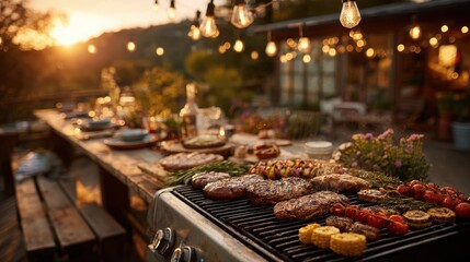 Fototapeta premium Lively Outdoor Backyard Barbecue Scene Showcasing Flavorful Grilled Meats and Happy Gatherings for Memorable Summer Celebrations with Loved Ones