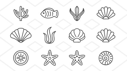 Simple Line Icons: Ocean Life, Seashells, Starfish, Seaweed, and Fish; Minimalist, Monochrome Design.