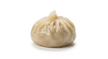 A single freshly steamed Asian dumpling with a pleated wrapper, isolated on a clean white background.