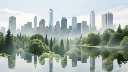 Fototapeta premium City Skyline Transforming into a Forest, Eco Urban Concept, Double Exposure Style