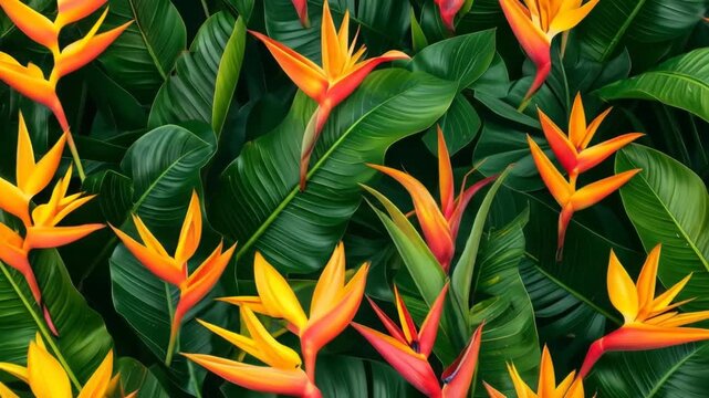 Exotic Floral Pattern with Red Orange and Yellow Flowers on Green Leaves Tropical Nature Background and Botanical Design