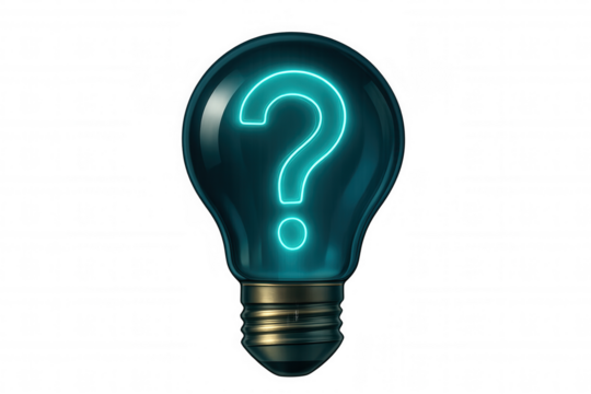 Dark light bulb silhouette revealing glowing turquoise question mark, symbolizing innovative problem-solving against transparent backdrop - Powered by Adobe