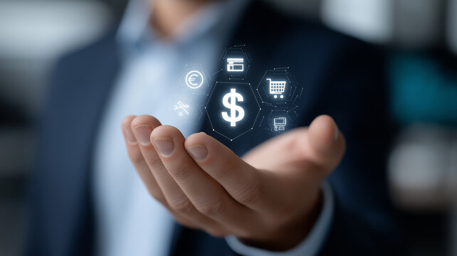 Modern Digital Banking Scene Showing Hand Displaying Floating Holographic Finance and E-Commerce Icons, Including Dollar, Euro, Yen, Bitcoin, and Secure Transaction Symbols in Neon Light Effects