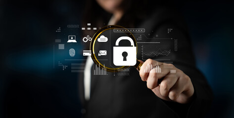 Digital cyber security lock system highlighting data security encryption, cyber password protection, fingerprint ID, cloud storage safety, and cyber security for online access Latch