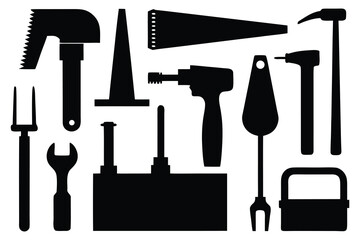 12 Black Silhouette Carpentry Tools – Hammer, Chisel, Saw, Drill, and Plane in Realistic Outline