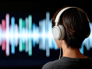 A person with headphones, listening to music displayed on a screen as a waveform, enjoying the audio experience.