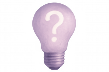 Purple light bulb glowing with question mark, representing creative uncertainty and problem-solving challenges against transparent backdrop