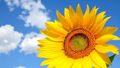 Obraz premium A vibrant sunflower against a clear blue sky with fluffy clouds.