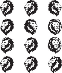 Fototapeta premium Twelve black and white lion head icons in profile and front views graphic