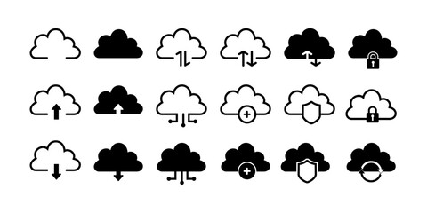 Cloud icon vector for web and mobile app black and white. Cloud sign and symbol.  Set of icons for data storage, download, upload, database, server, secure, protected