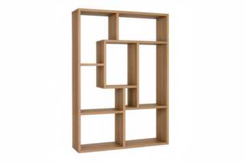 Modern empty wooden bookcase with transparent background, perfect for showcasing books, decorations, or other items