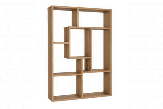 Modern empty wooden bookcase with transparent background, perfect for showcasing books, decorations, or other items