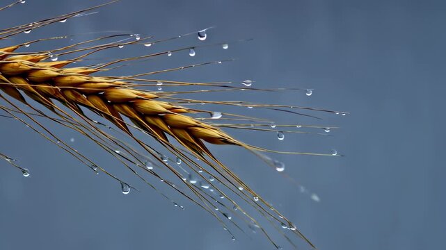 Wheat ear with water drops against blue sky background.