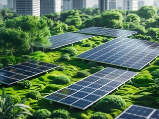 Fototapeta premium Solar panels installed on a lush green rooftop garden with trees and bushes, surrounded by urban buildings, highlighting renewable energy and sustainable urban living.
