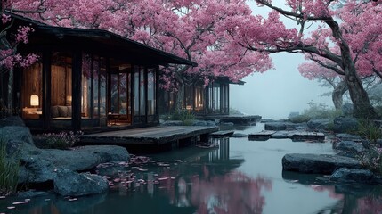 Surreal Landscape Blending Traditional Japanese Wooden Houses with Open Communal Areas Promoting Community Connection and Cultural Appreciation