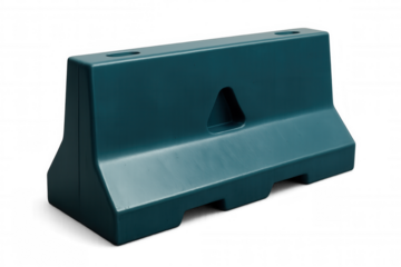 Teal colored plastic jersey barrier on transparent background, providing temporary traffic control and roadway safety