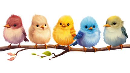 Collection of colorful cute baby birds on white background, isolated small bird species for wildlife, nature, and decoration themes