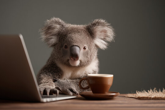 Koala sitting at laptop with a coffee cup.